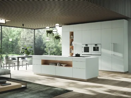 Cucina Design con isola Ménta in laminato PET opaco Bianco Nordico di Miton