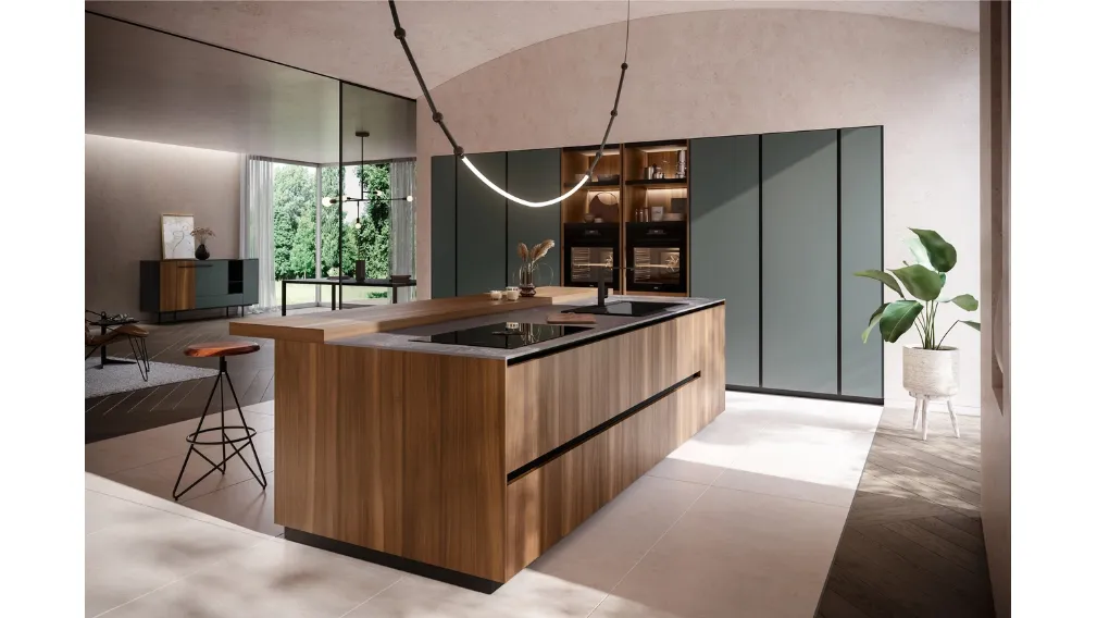 Cucina Design con isola Ménta in bilaminato Legno Noce Cordesco di Miton